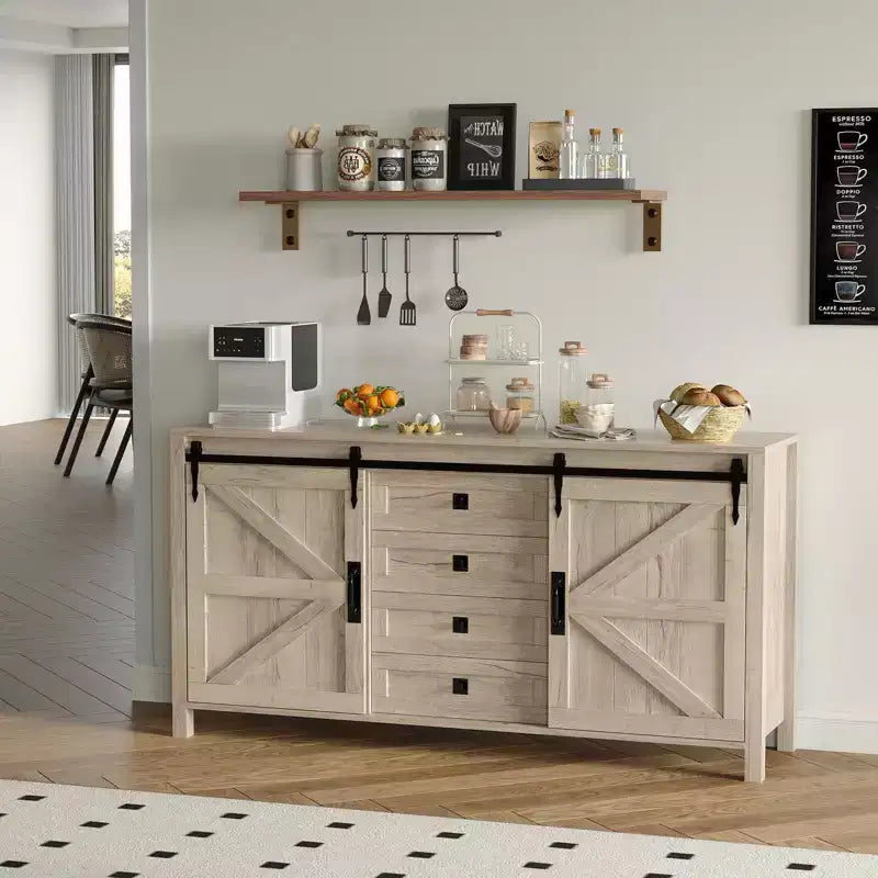 Buffet de ferme de 60 po avec portes coulissantes façon grange et 4 tiroirs