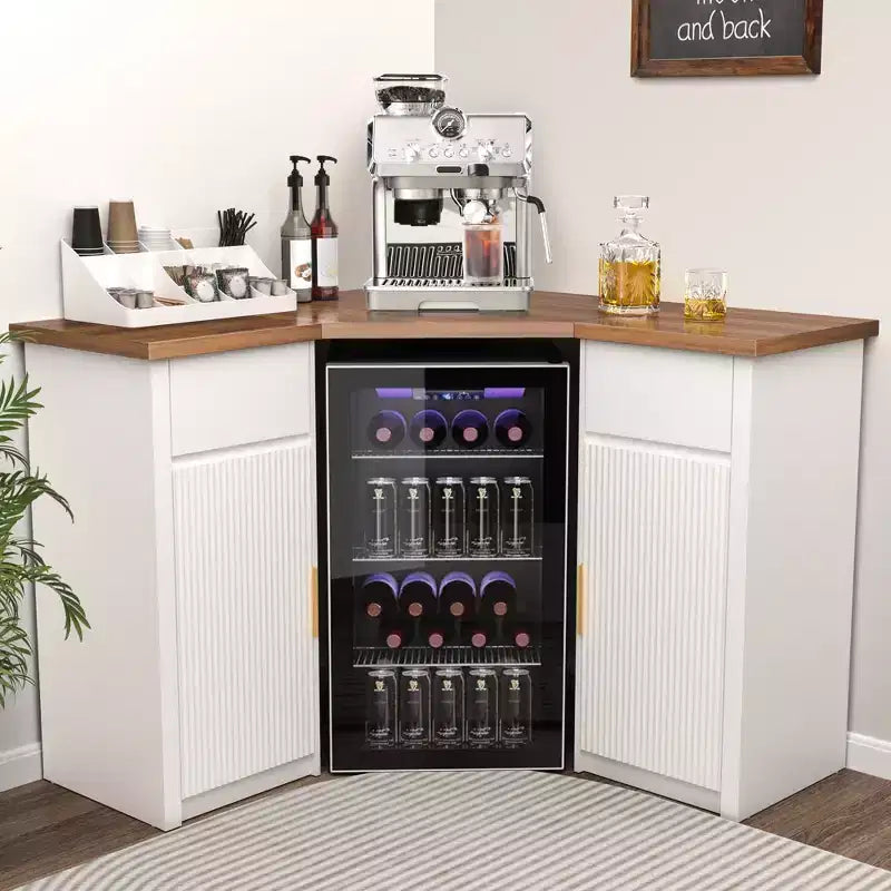 Meuble d'angle de bar avec espace pour réfrigérateur, Station de café d'angle pour la maison