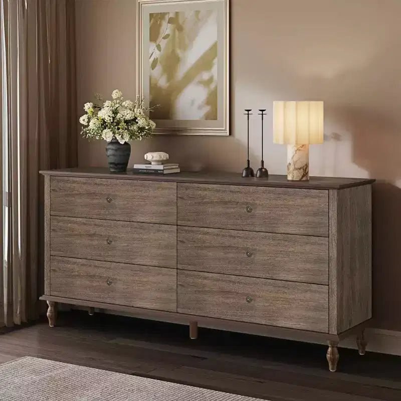 Meuble de rangement moderne en bois de 63 pouces avec 6 tiroirs et poignées en cuivre