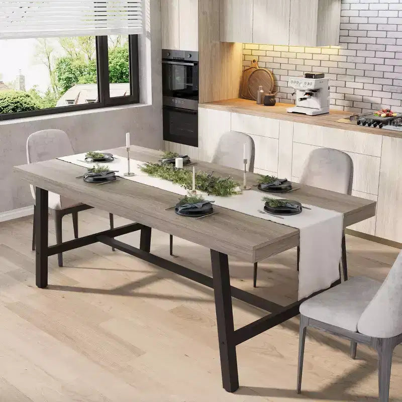 Table à manger industrielle de 180 cm pour 6-8 personnes avec cadre métallique