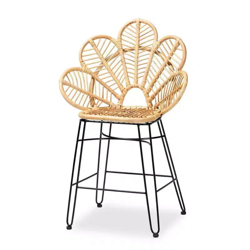 Tabouret de bar hauteur comptoir en rotin et métal Naturel/Noir - Style bohème, Hauteur d'assise 62 cm