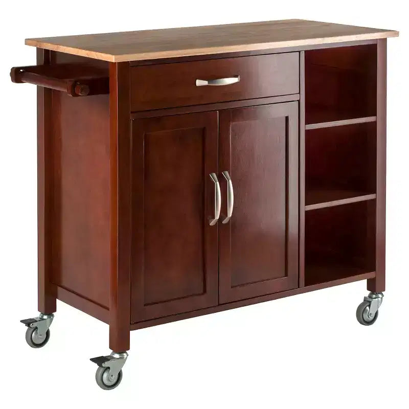 Chariot de cuisine bois/noyer/naturel - Unité de rangement mobile avec porte-serviettes, cadre en bois dur